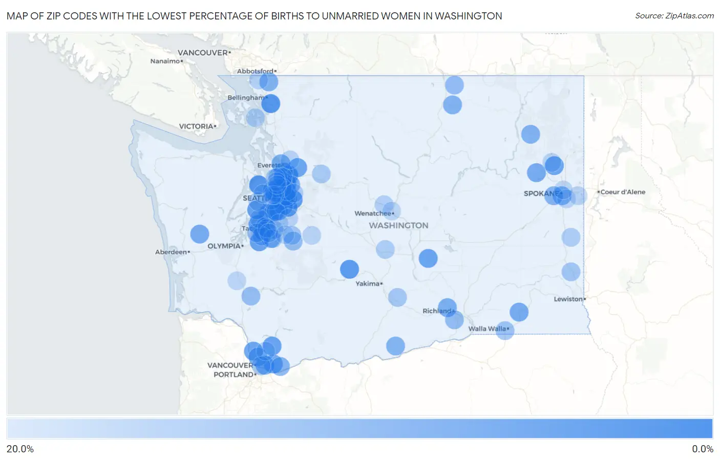 Zip Codes with the Lowest Percentage of Births to Unmarried Women in Washington Map