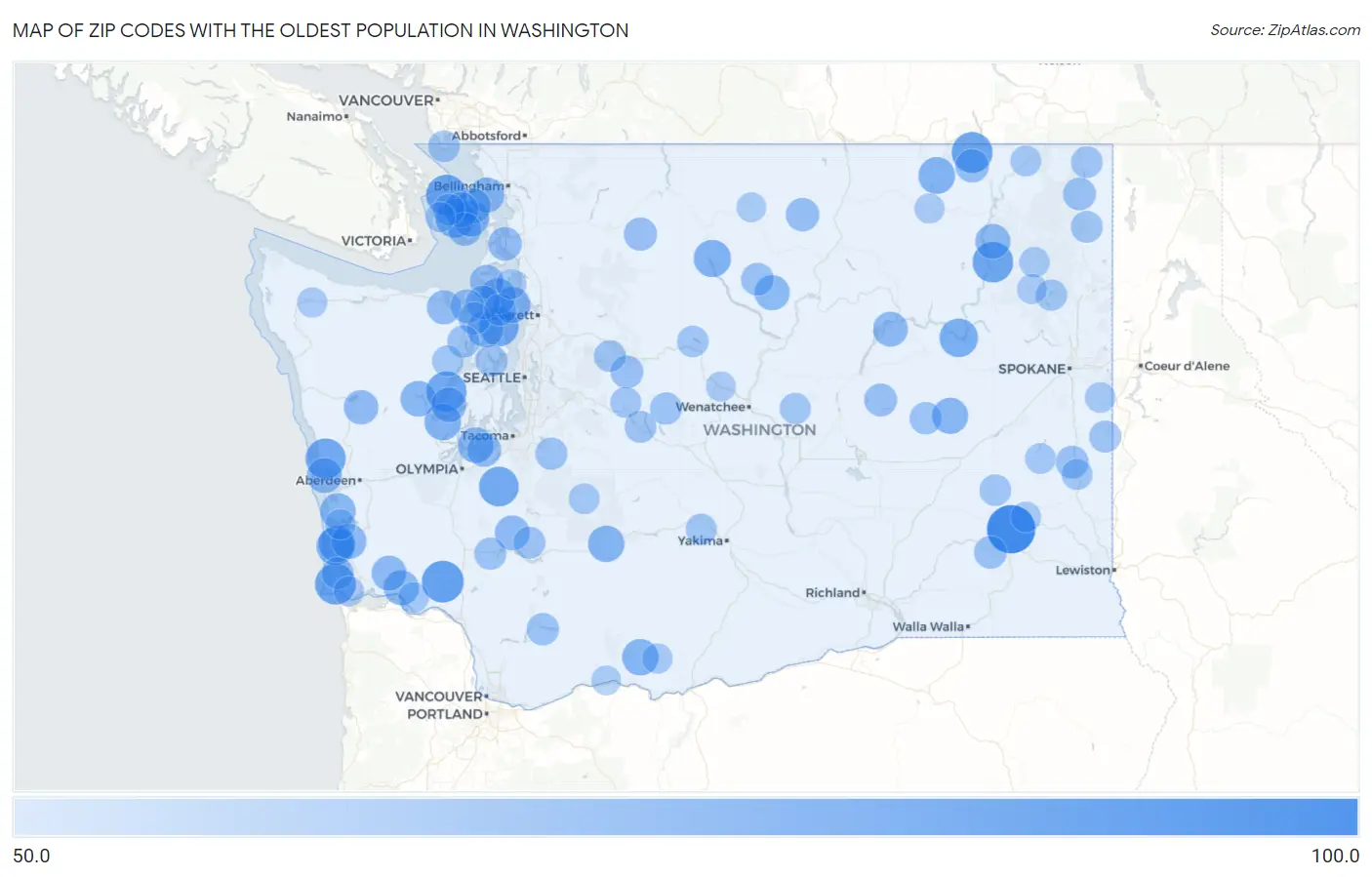 Zip Codes with the Oldest Population in Washington Map