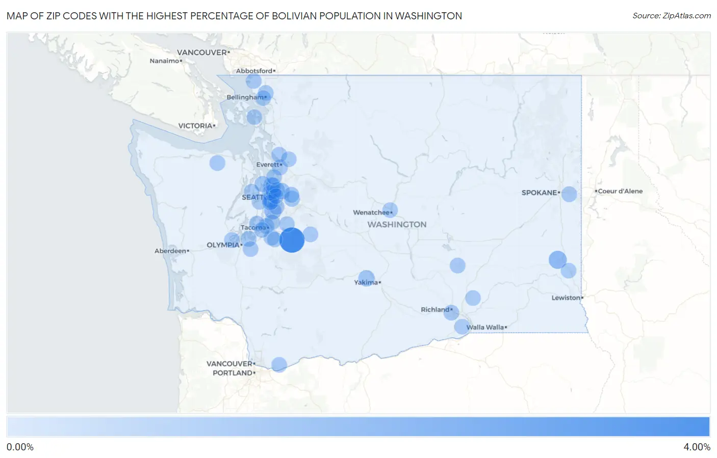 Zip Codes with the Highest Percentage of Bolivian Population in Washington Map