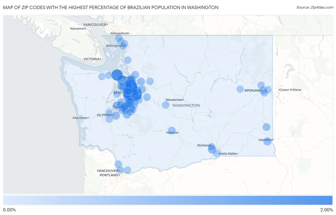 Zip Codes with the Highest Percentage of Brazilian Population in Washington Map