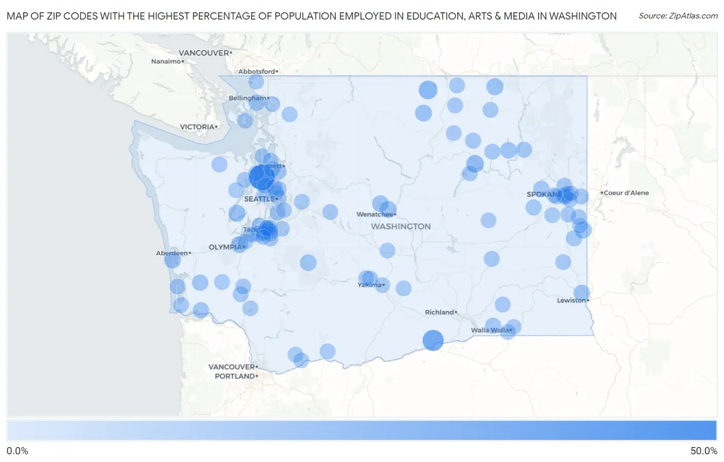 Zip Codes with the Highest Percentage of Population Employed in Education, Arts & Media in Washington Map