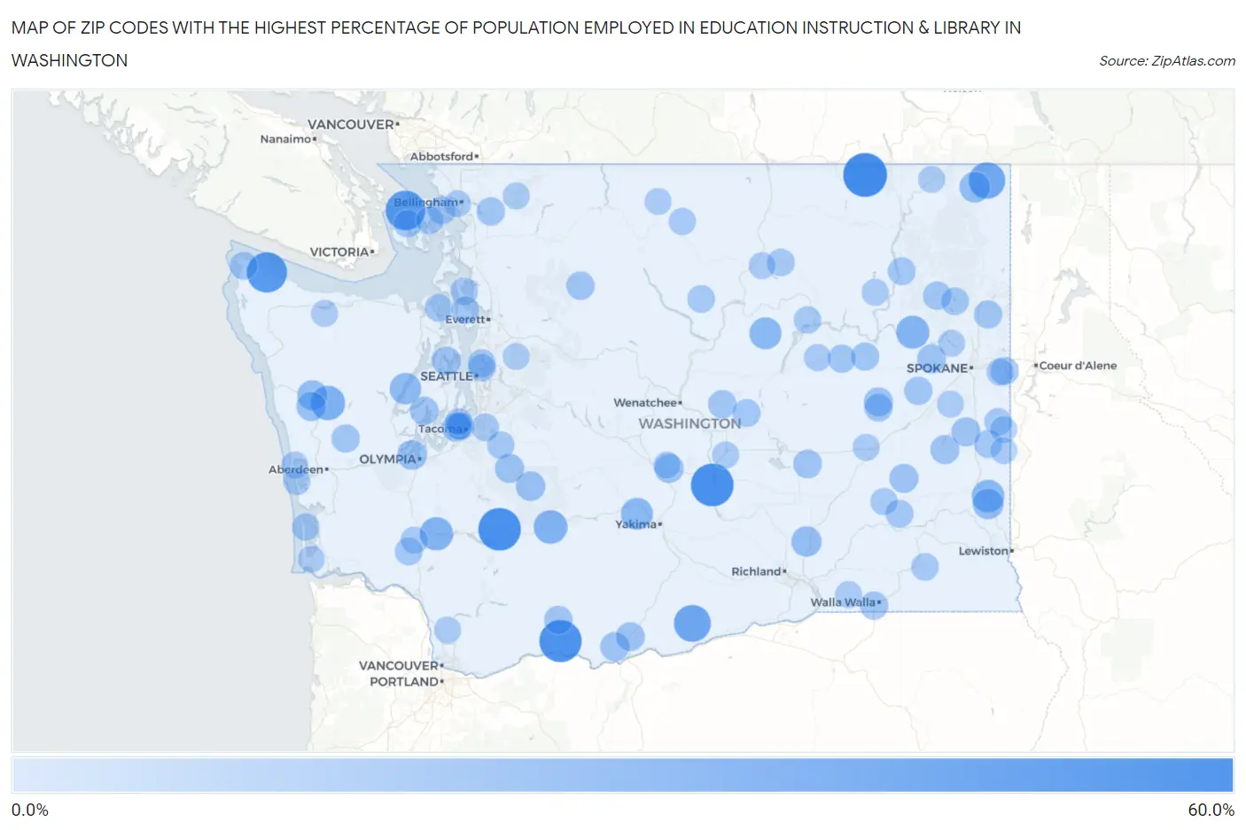Zip Codes with the Highest Percentage of Population Employed in Education Instruction & Library in Washington Map