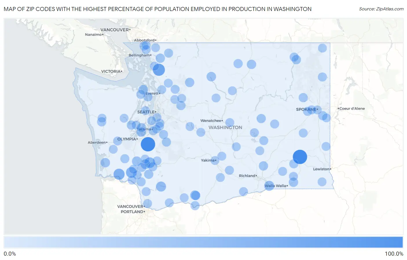 Zip Codes with the Highest Percentage of Population Employed in Production in Washington Map