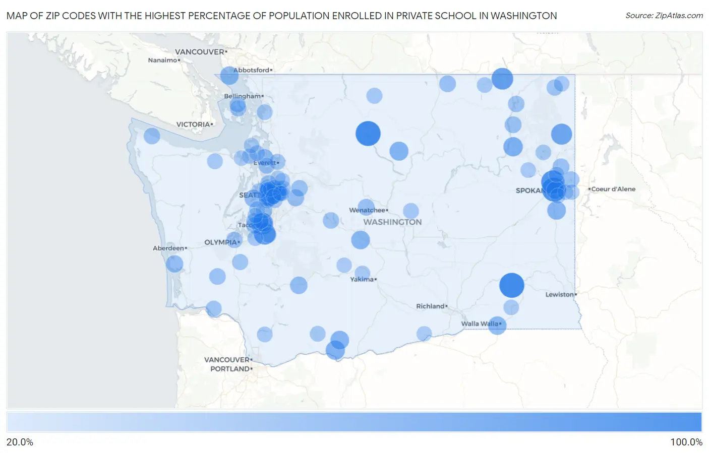 Zip Codes with the Highest Percentage of Population Enrolled in Private School in Washington Map