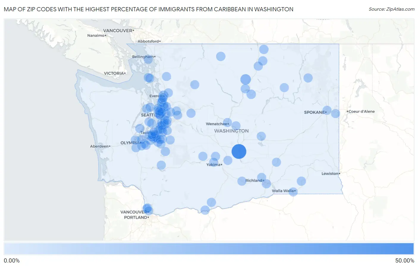 Zip Codes with the Highest Percentage of Immigrants from Caribbean in Washington Map
