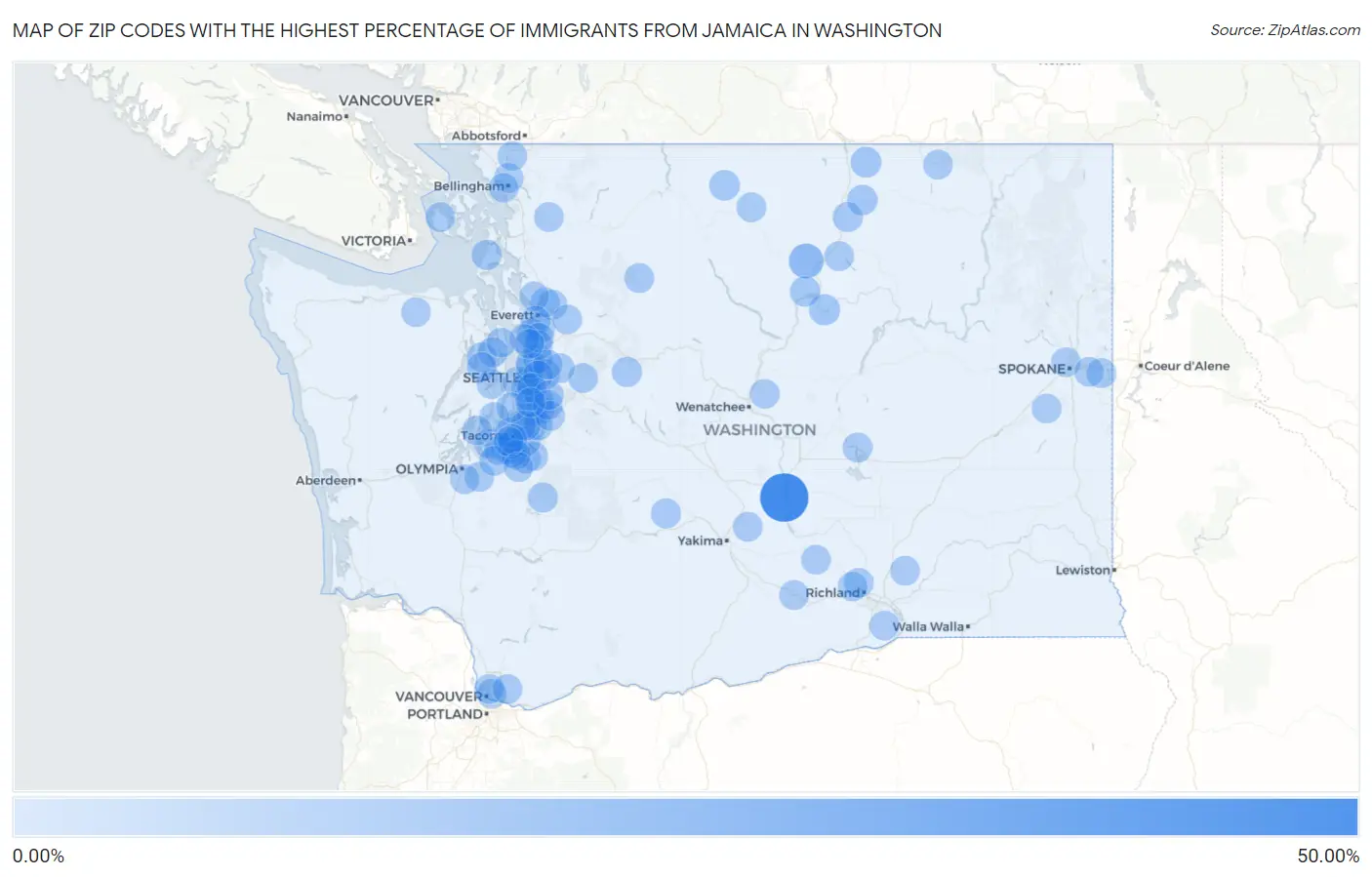 Zip Codes with the Highest Percentage of Immigrants from Jamaica in Washington Map