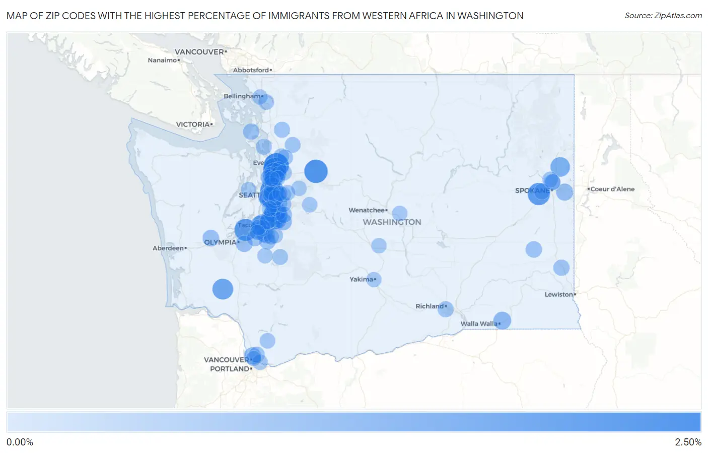 Zip Codes with the Highest Percentage of Immigrants from Western Africa in Washington Map