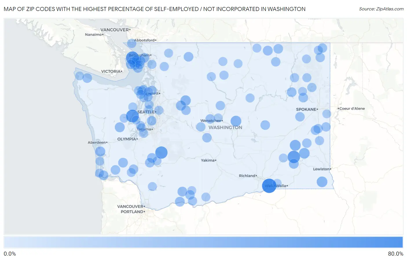 Zip Codes with the Highest Percentage of Self-Employed / Not Incorporated in Washington Map