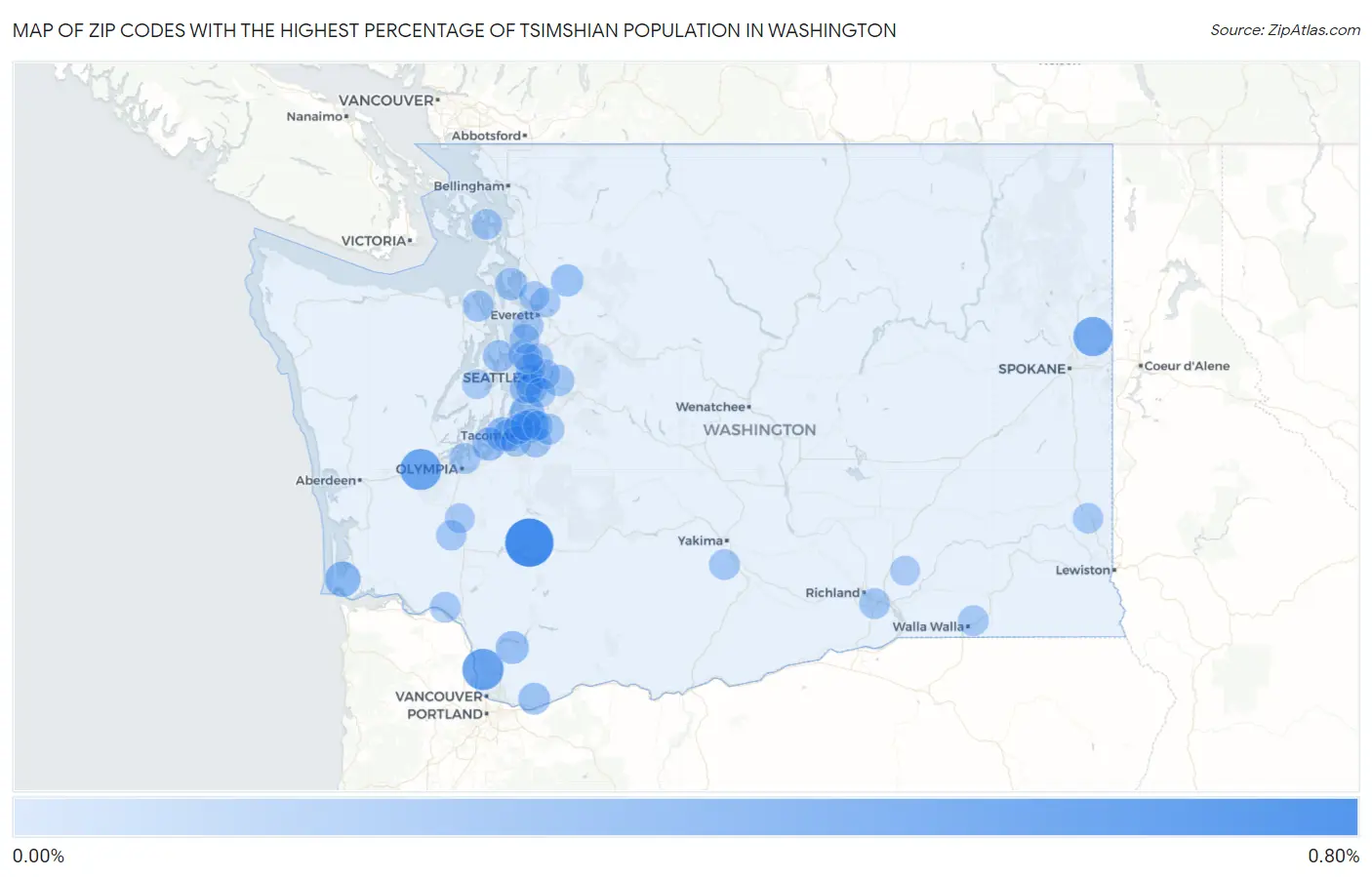 Zip Codes with the Highest Percentage of Tsimshian Population in Washington Map
