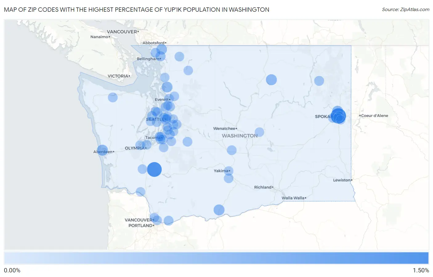 Zip Codes with the Highest Percentage of Yup'ik Population in Washington Map