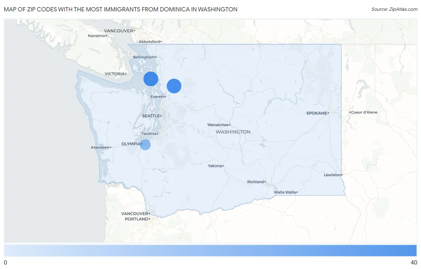 Zip Codes with the Most Immigrants from Dominica in Washington Map