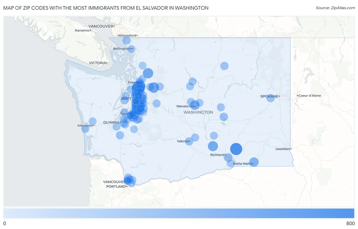 Zip Codes with the Most Immigrants from El Salvador in Washington Map