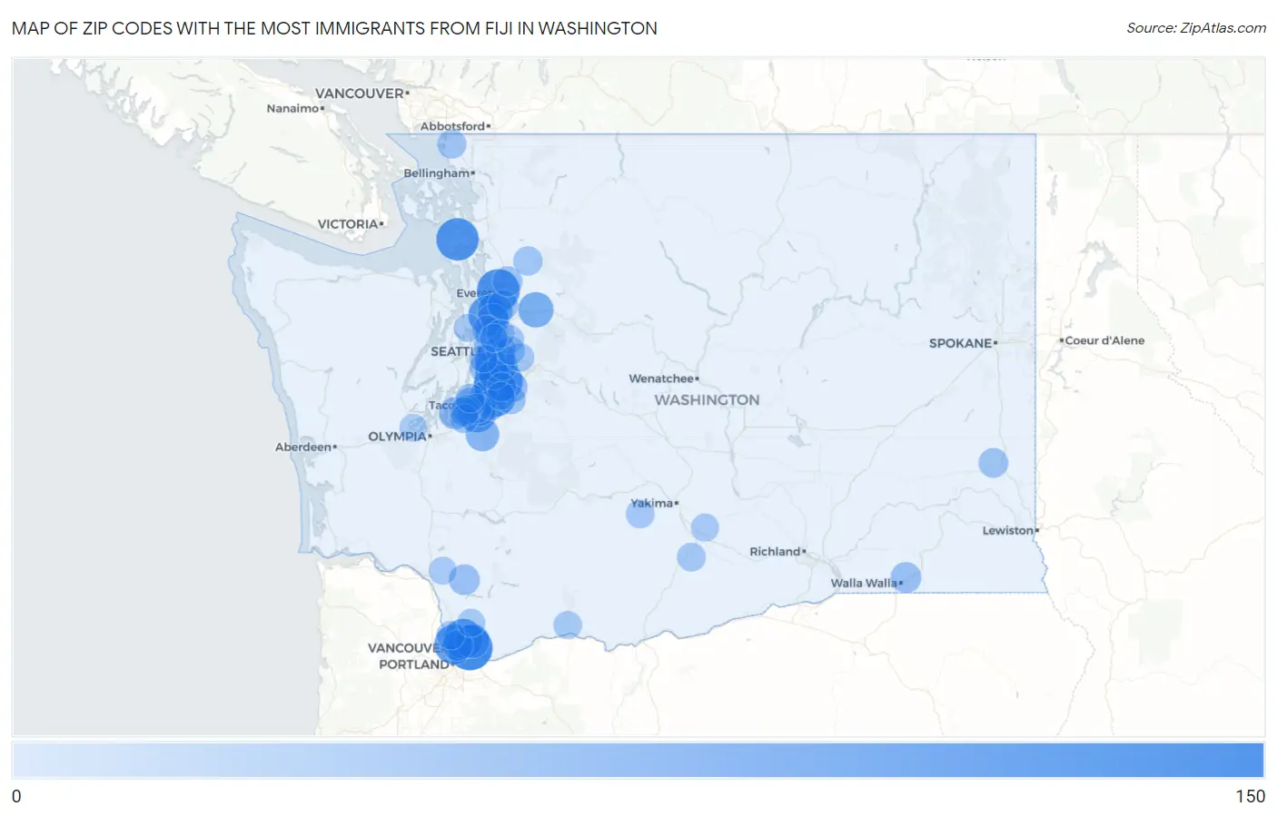Zip Codes with the Most Immigrants from Fiji in Washington Map
