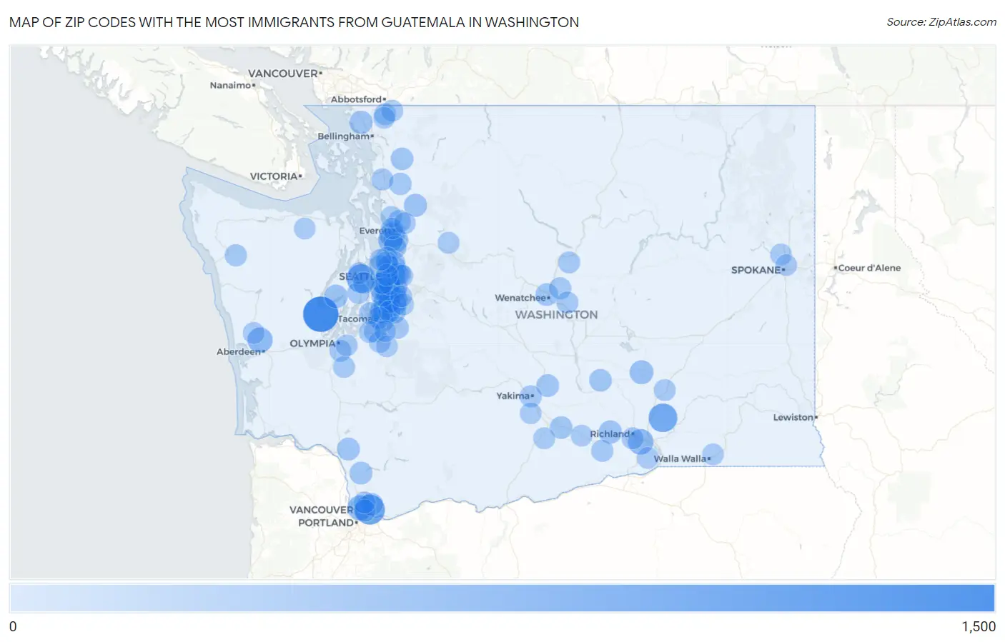 Zip Codes with the Most Immigrants from Guatemala in Washington Map