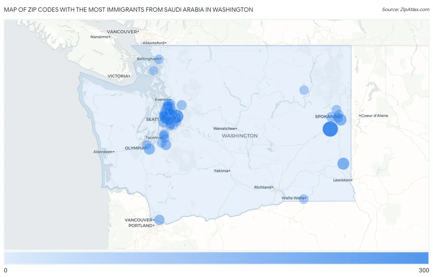 Zip Codes with the Most Immigrants from Saudi Arabia in Washington Map