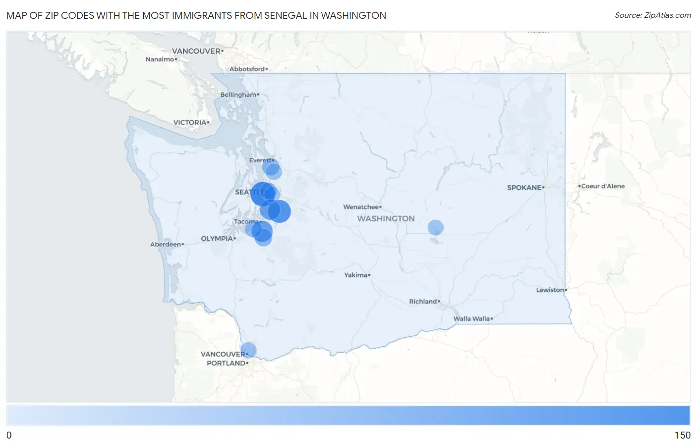 Zip Codes with the Most Immigrants from Senegal in Washington Map