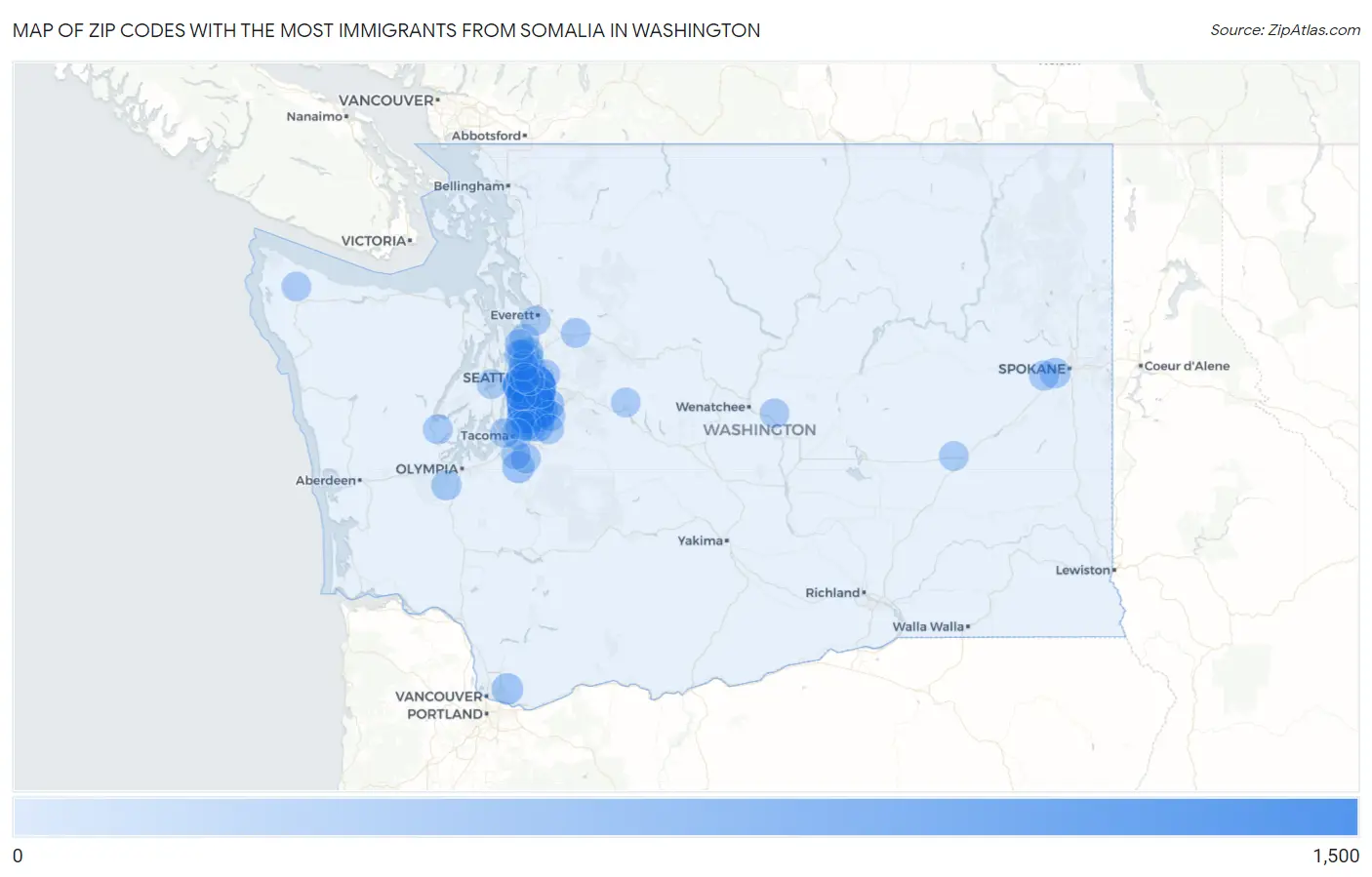 Zip Codes with the Most Immigrants from Somalia in Washington Map