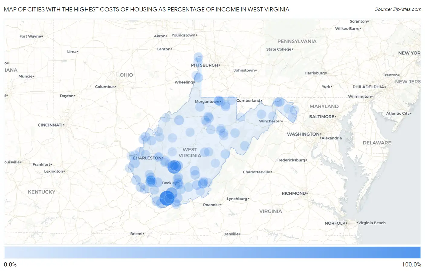 Cities with the Highest Costs of Housing as Percentage of Income in West Virginia Map