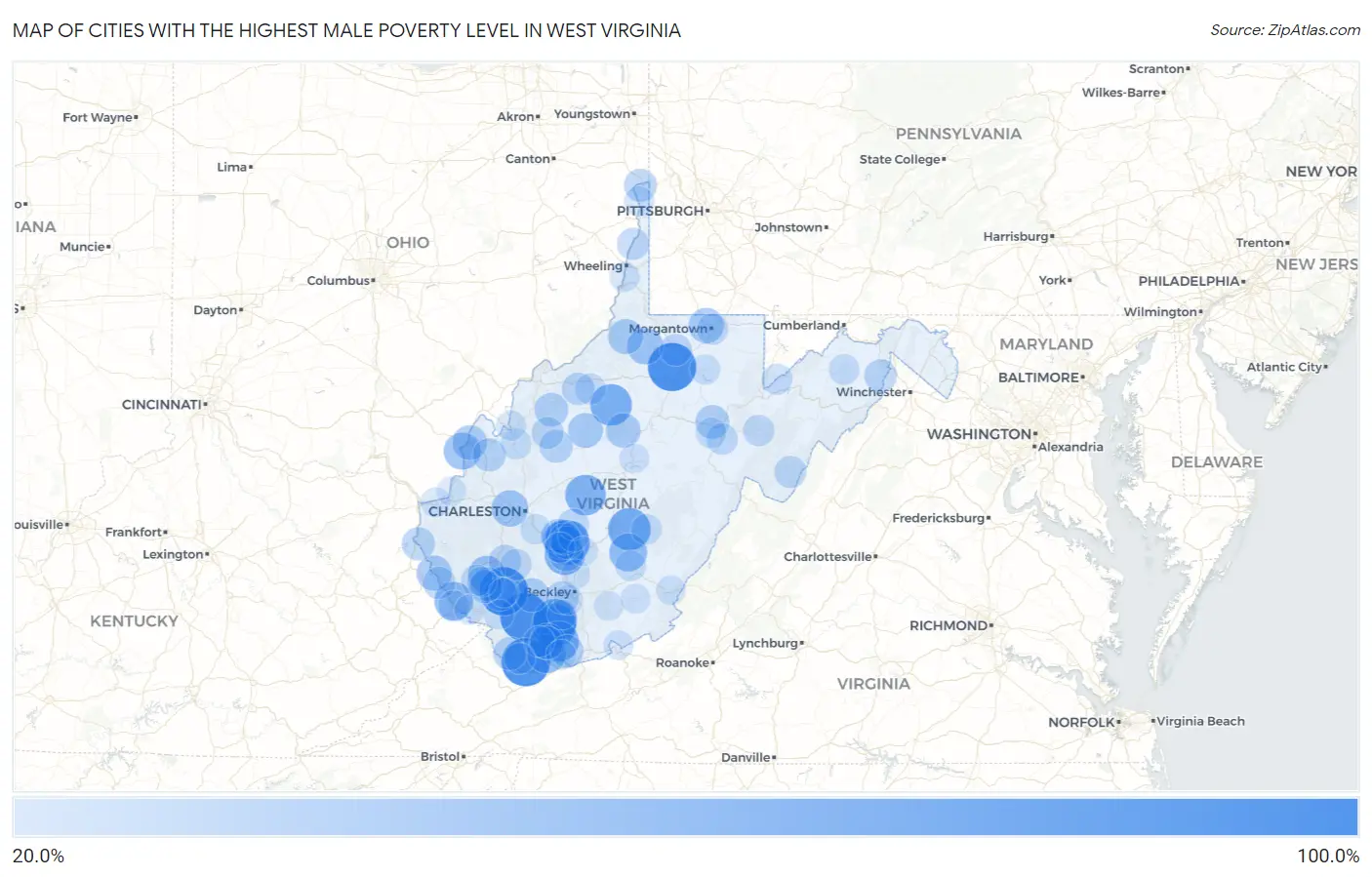 Cities with the Highest Male Poverty Level in West Virginia Map