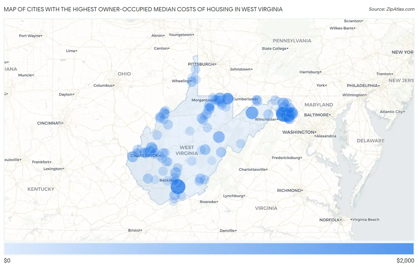 Cities with the Highest Owner-Occupied Median Costs of Housing in West Virginia Map