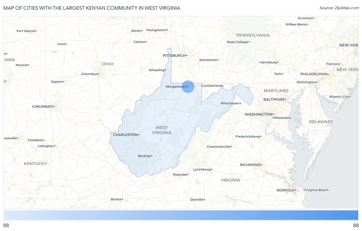 Cities with the Largest Kenyan Community in West Virginia Map