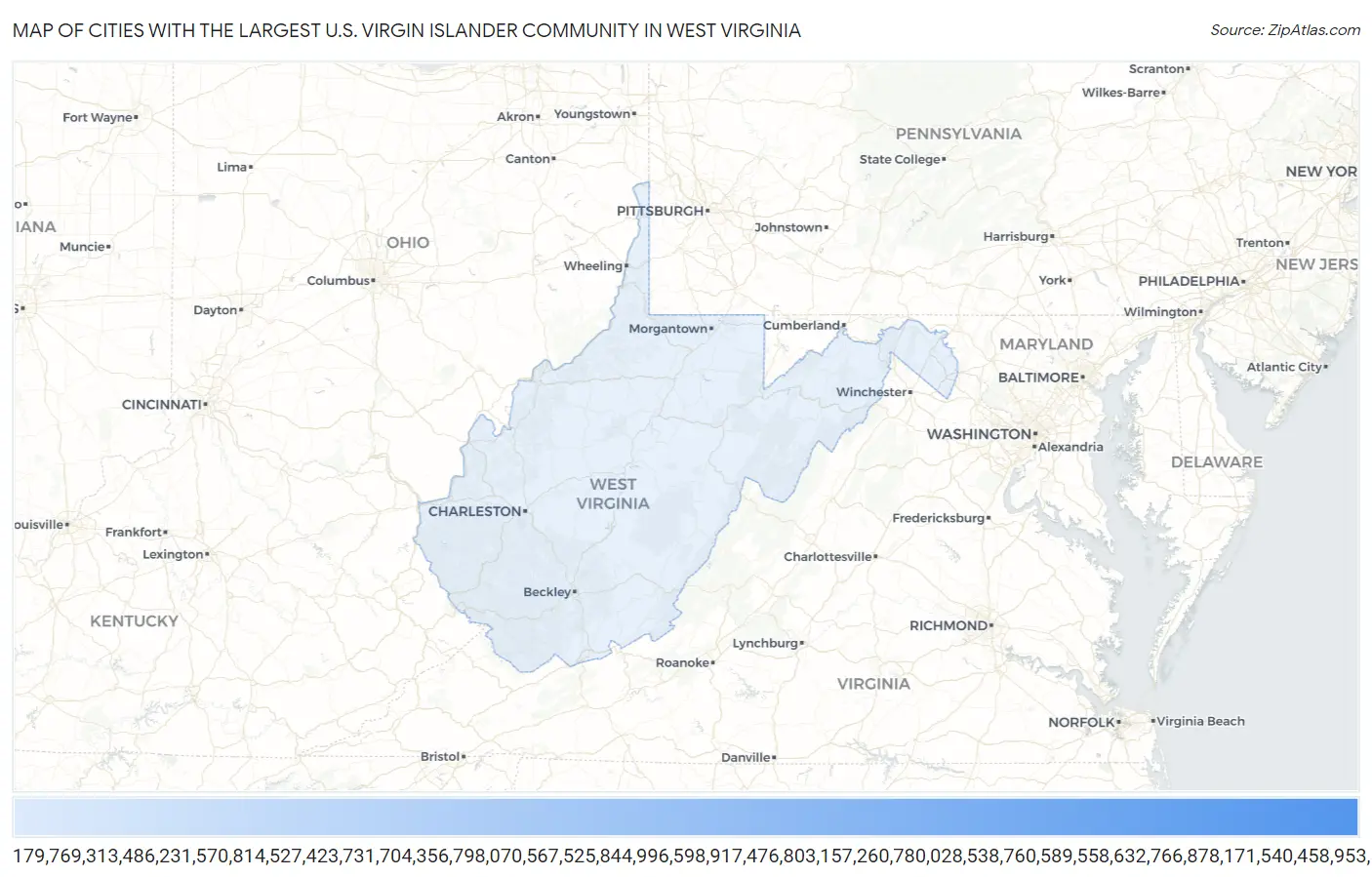 Cities with the Largest U.S. Virgin Islander Community in West Virginia Map