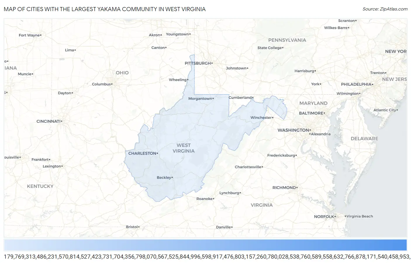 Cities with the Largest Yakama Community in West Virginia Map