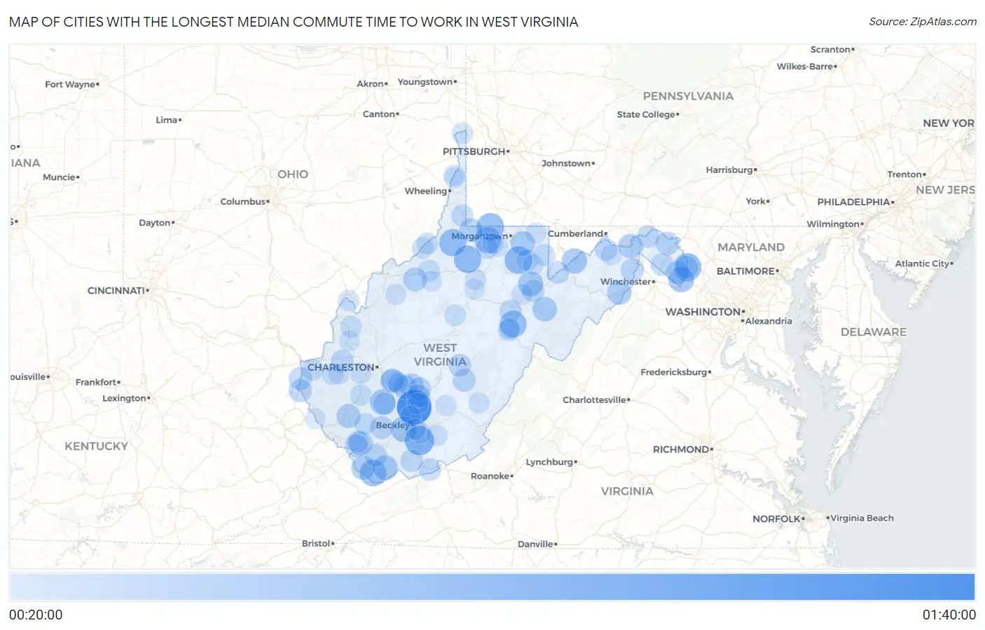 Cities with the Longest Median Commute Time to Work in West Virginia Map