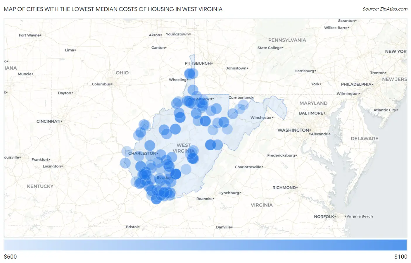 Cities with the Lowest Median Costs of Housing in West Virginia Map