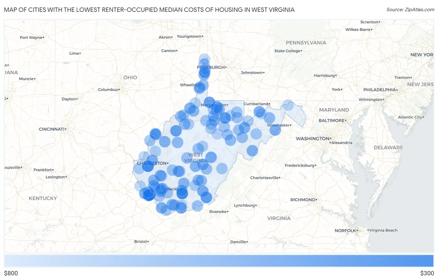 Cities with the Lowest Renter-Occupied Median Costs of Housing in West Virginia Map