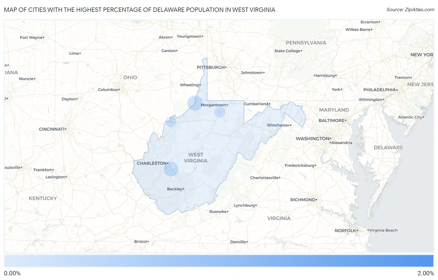 Cities with the Highest Percentage of Delaware Population in West Virginia Map