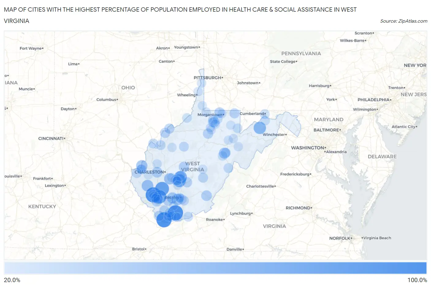 Cities with the Highest Percentage of Population Employed in Health Care & Social Assistance in West Virginia Map