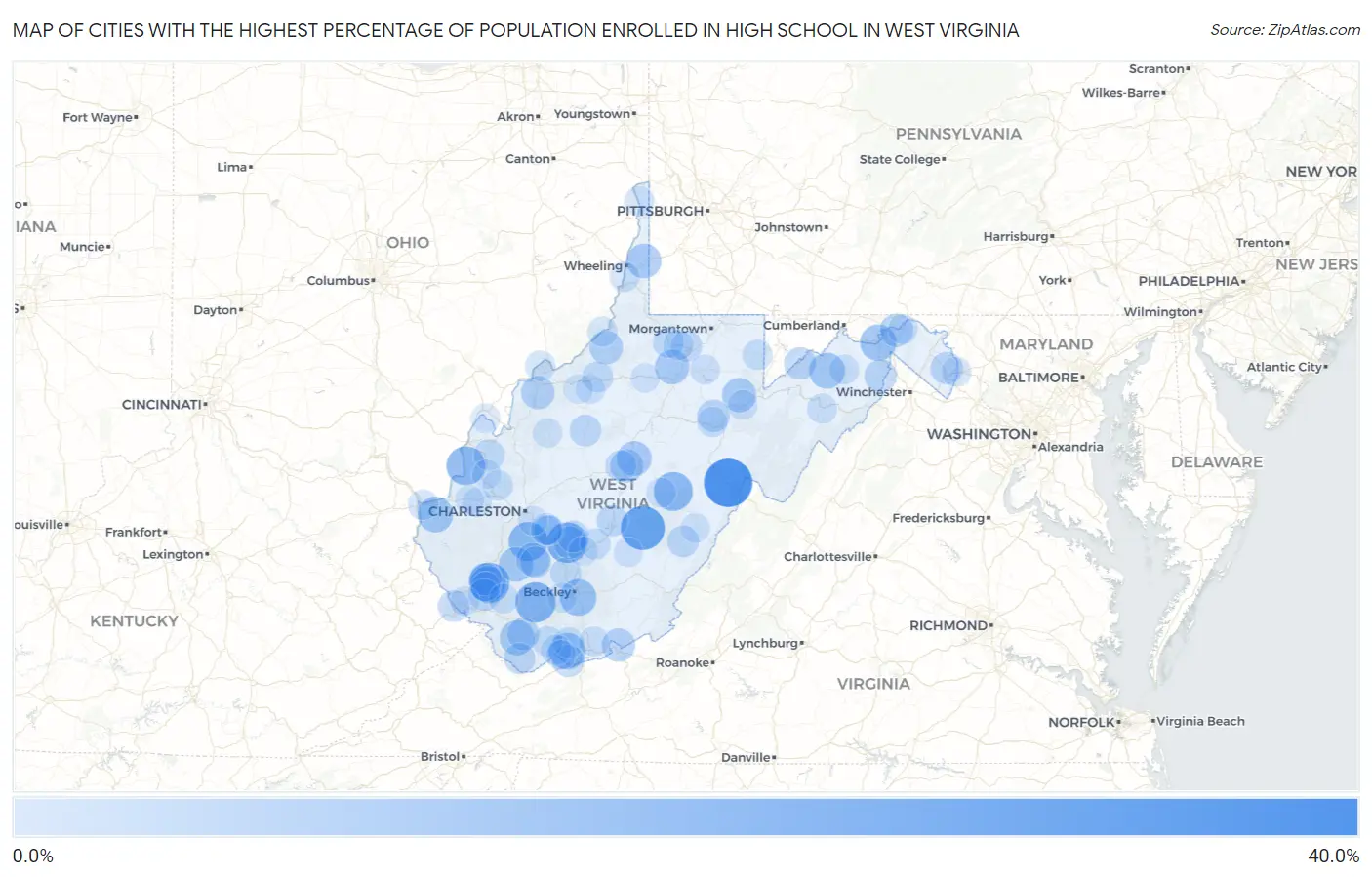 Cities with the Highest Percentage of Population Enrolled in High School in West Virginia Map