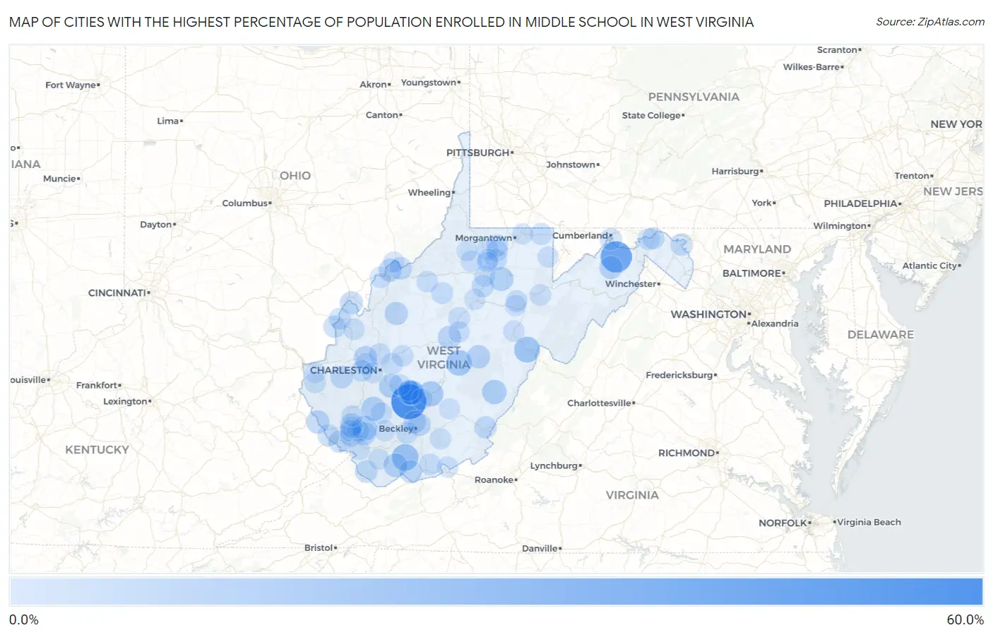 Cities with the Highest Percentage of Population Enrolled in Middle School in West Virginia Map