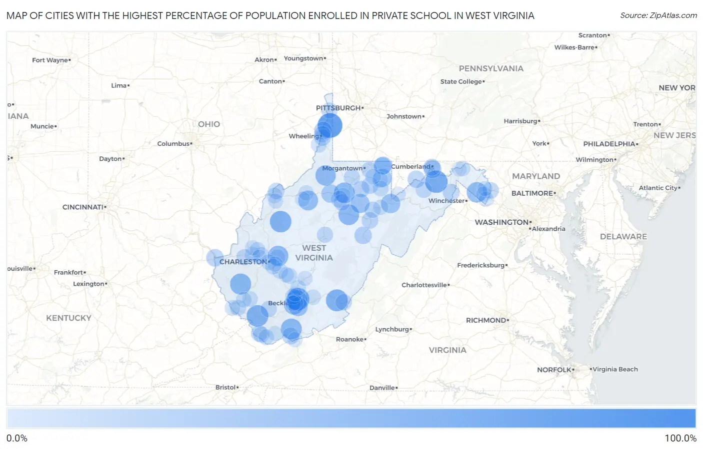 Cities with the Highest Percentage of Population Enrolled in Private School in West Virginia Map