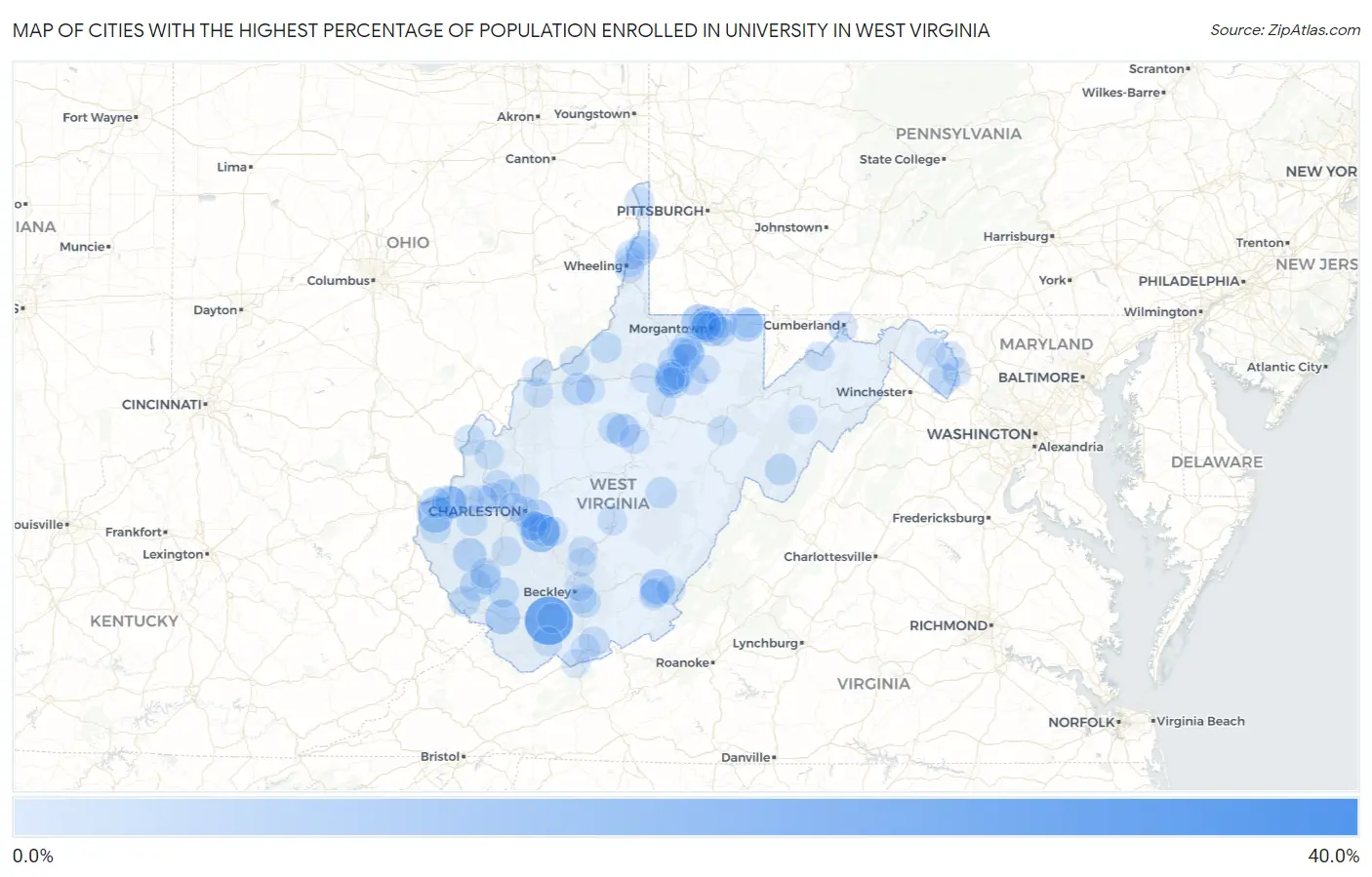 Cities with the Highest Percentage of Population Enrolled in University in West Virginia Map