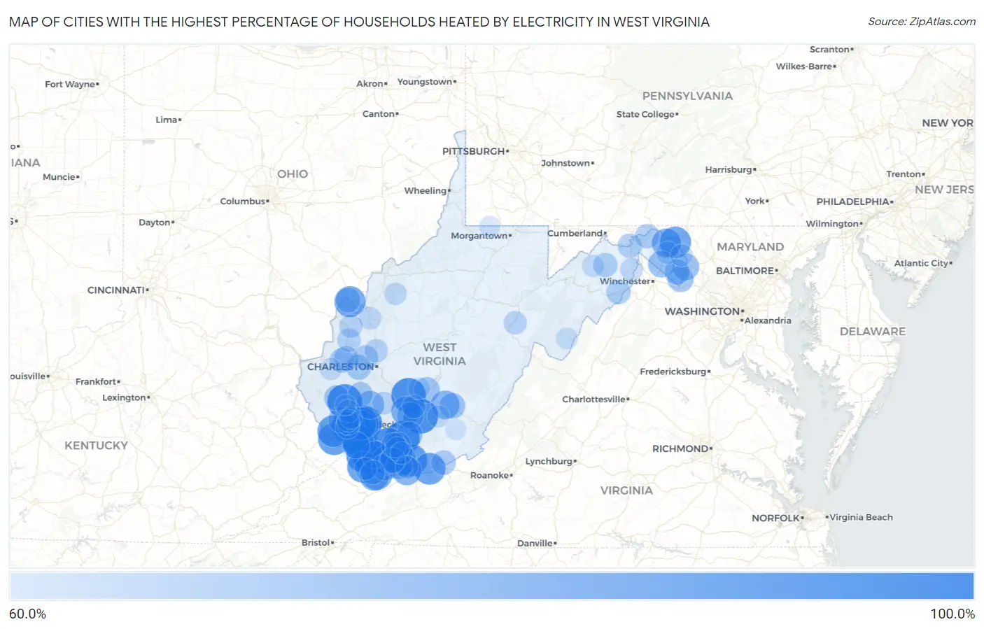Cities with the Highest Percentage of Households Heated by Electricity in West Virginia Map