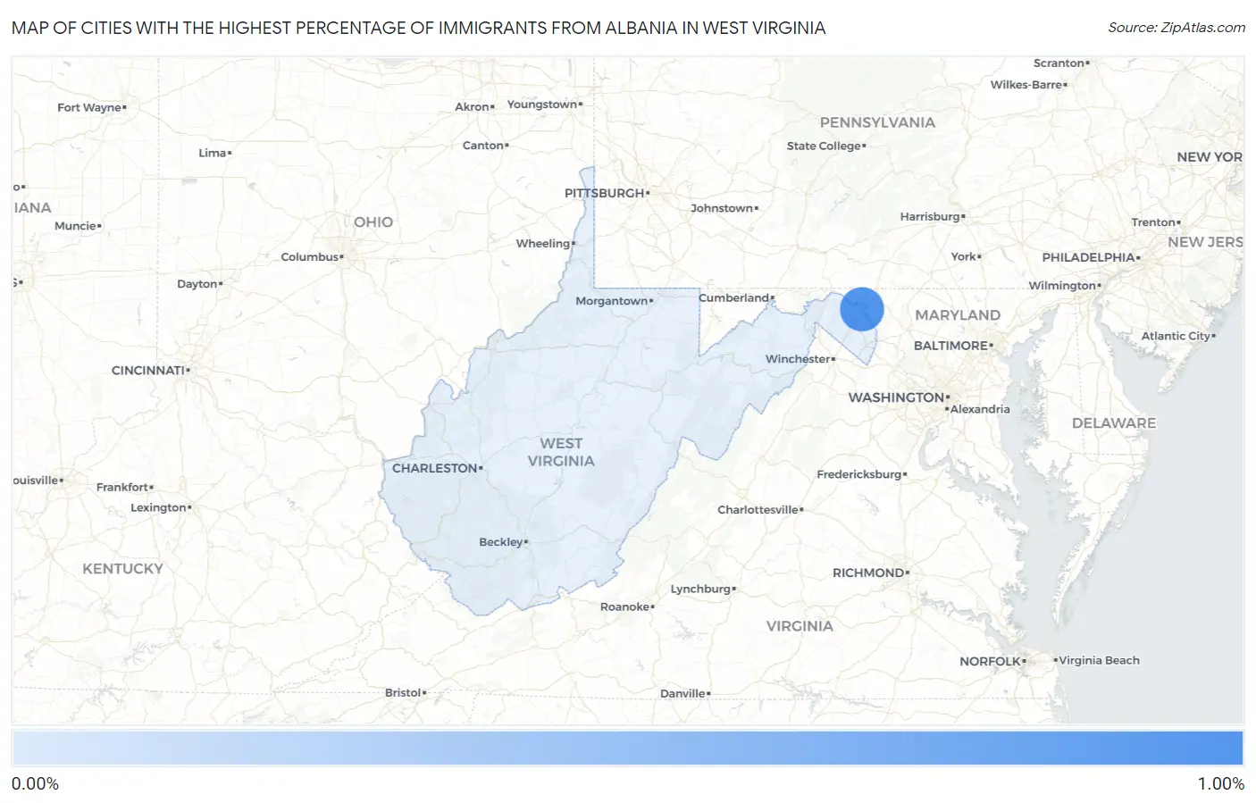 Cities with the Highest Percentage of Immigrants from Albania in West Virginia Map