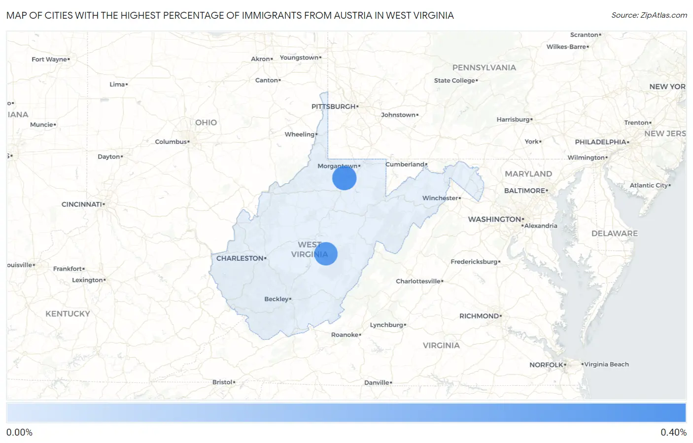 Cities with the Highest Percentage of Immigrants from Austria in West Virginia Map