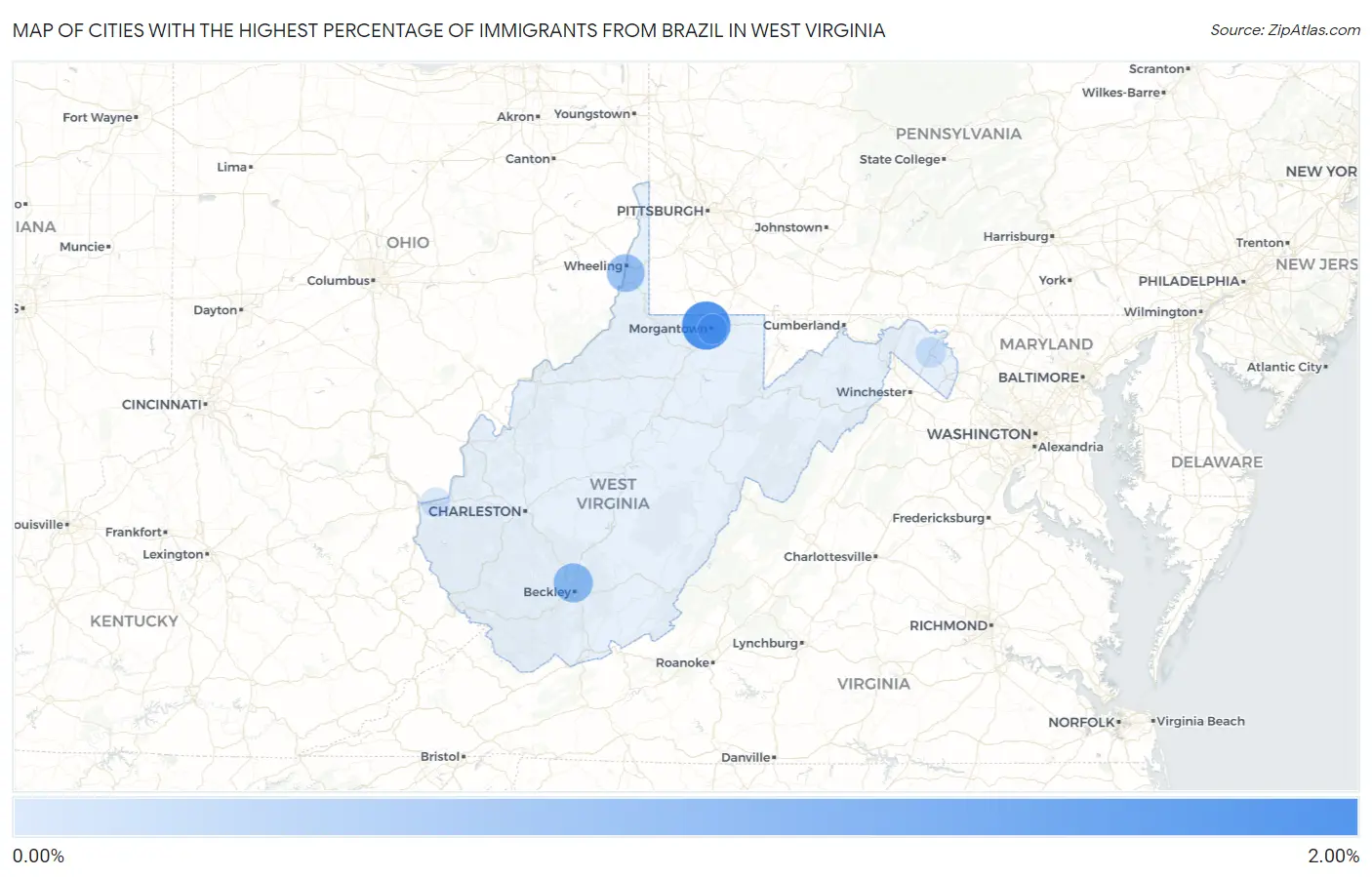Cities with the Highest Percentage of Immigrants from Brazil in West Virginia Map