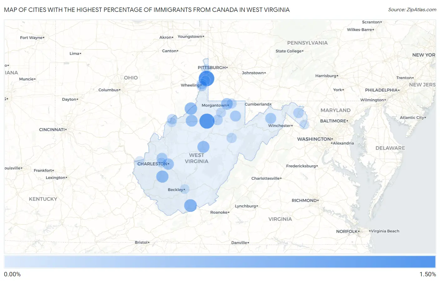 Cities with the Highest Percentage of Immigrants from Canada in West Virginia Map