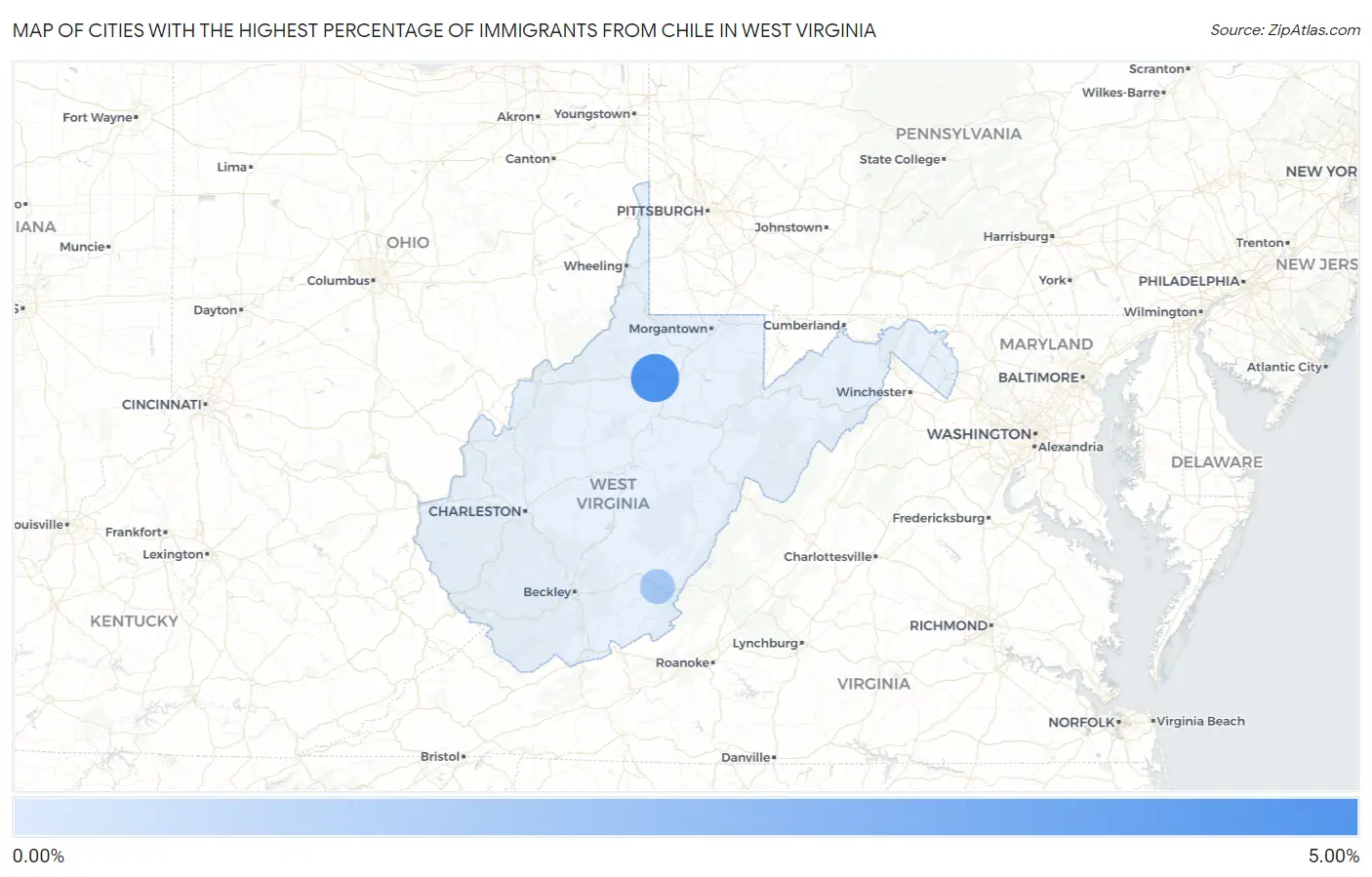 Cities with the Highest Percentage of Immigrants from Chile in West Virginia Map