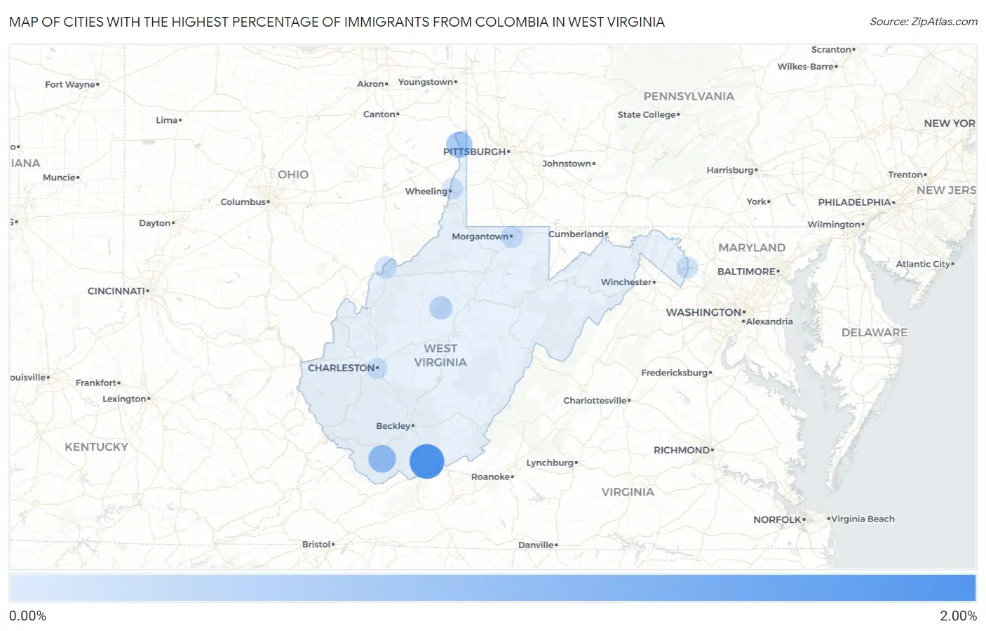Cities with the Highest Percentage of Immigrants from Colombia in West Virginia Map