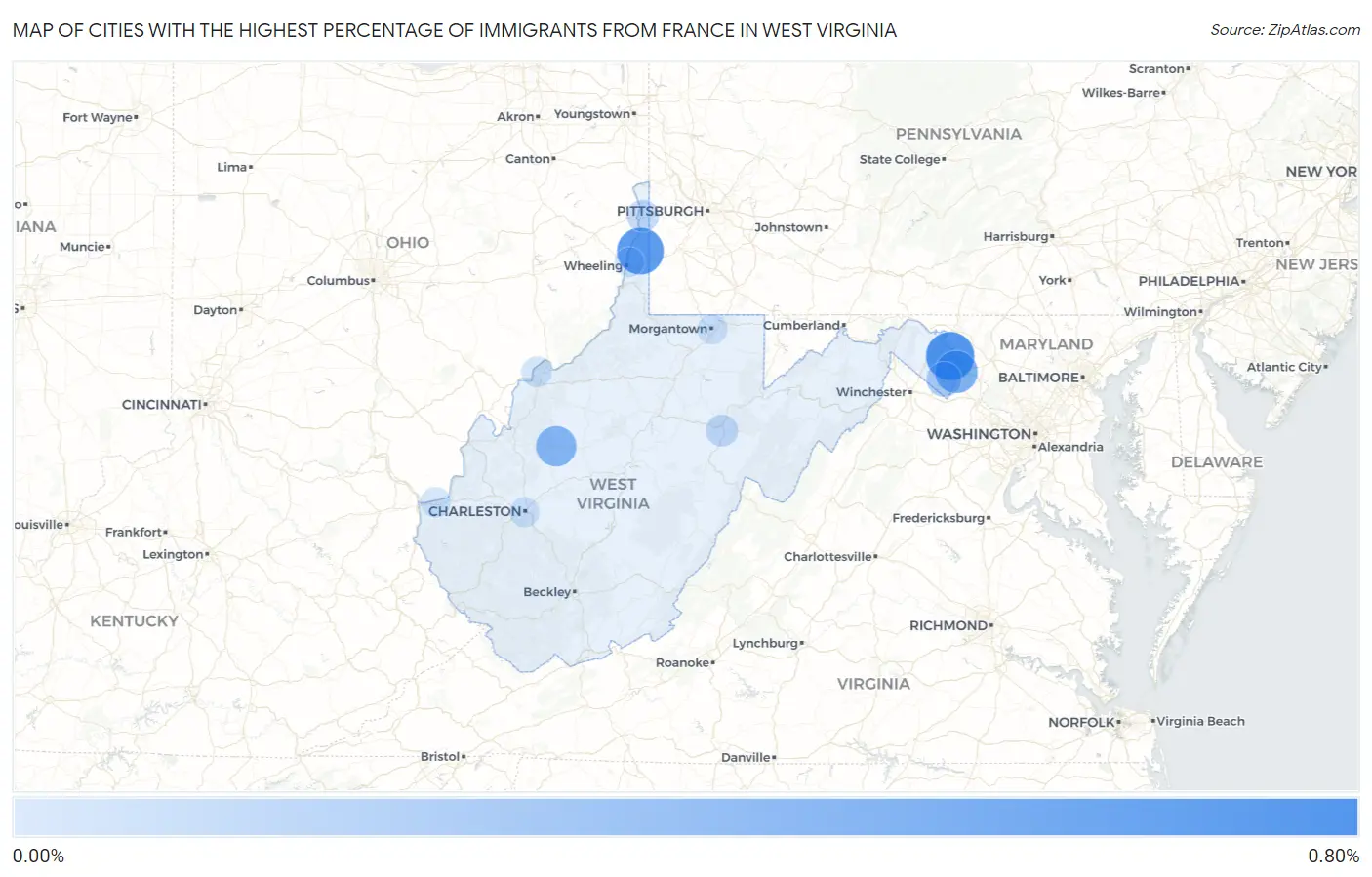 Cities with the Highest Percentage of Immigrants from France in West Virginia Map