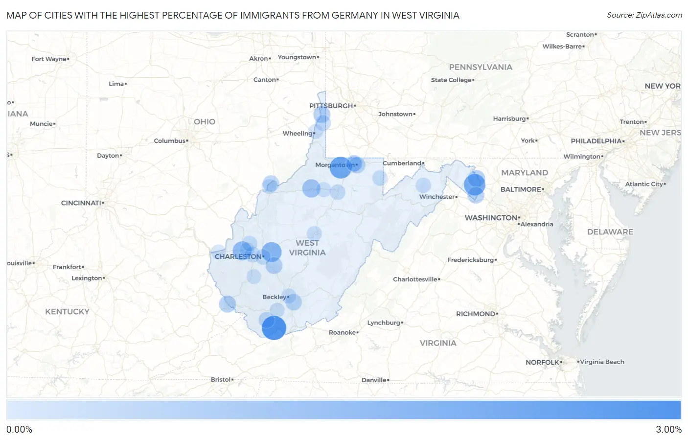 Cities with the Highest Percentage of Immigrants from Germany in West Virginia Map