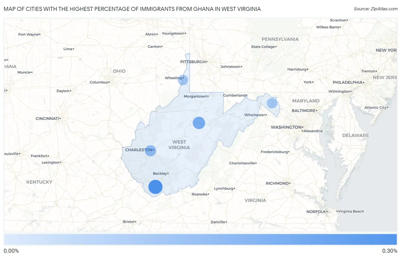 Cities with the Highest Percentage of Immigrants from Ghana in West Virginia Map