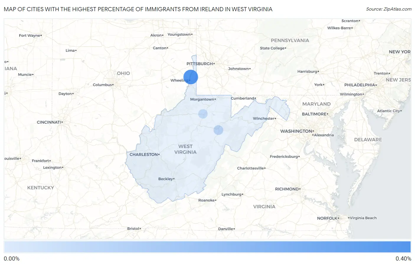 Cities with the Highest Percentage of Immigrants from Ireland in West Virginia Map