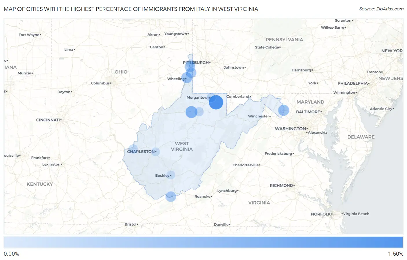 Cities with the Highest Percentage of Immigrants from Italy in West Virginia Map