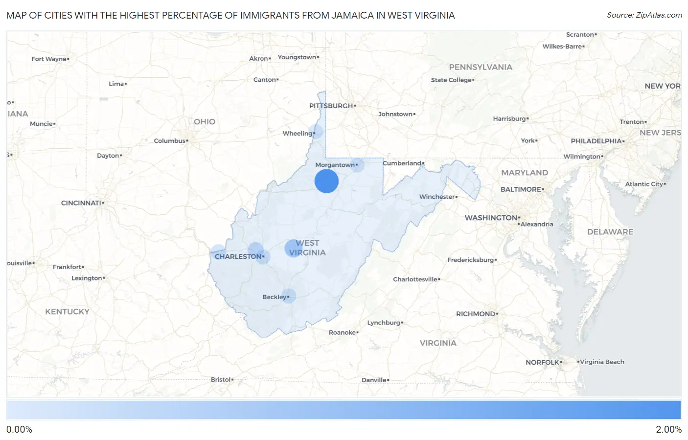 Cities with the Highest Percentage of Immigrants from Jamaica in West Virginia Map