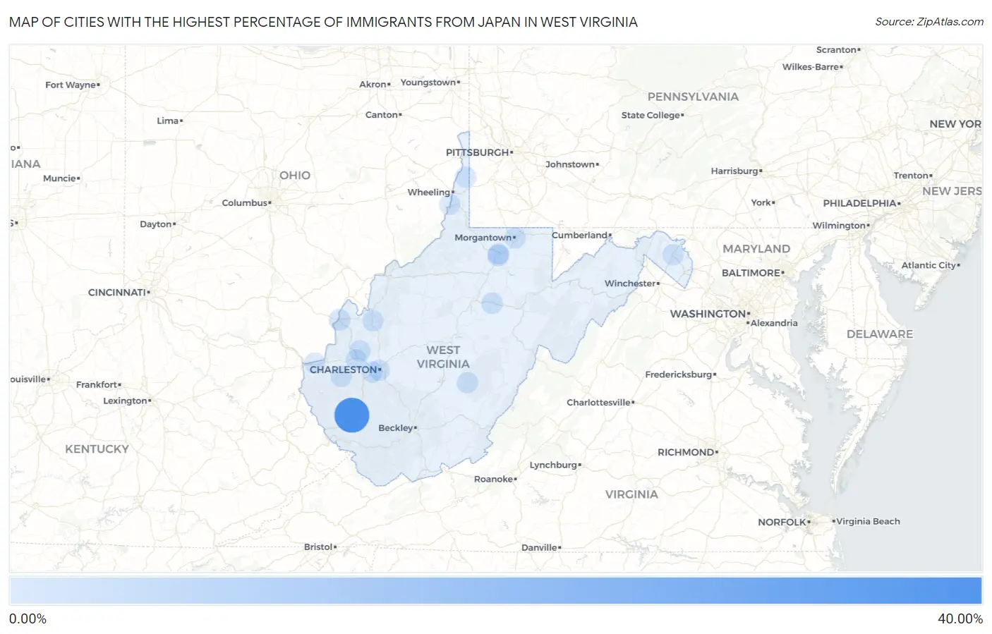 Cities with the Highest Percentage of Immigrants from Japan in West Virginia Map